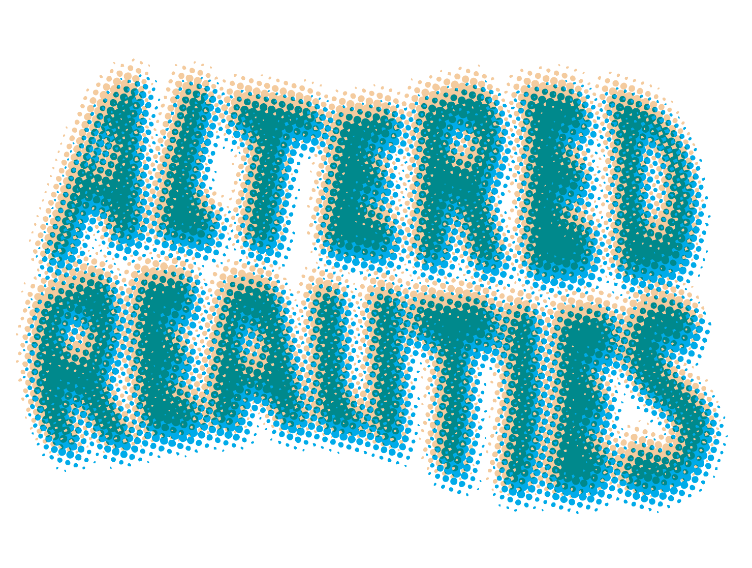 Green and yellow design made of dots that reads "Altered Realities."