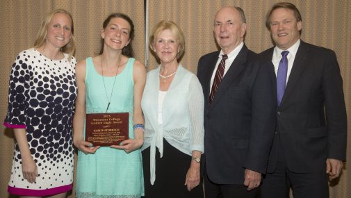 Karlie Storkson with coach Kirsten Moore, the Jordano's and President Beebe