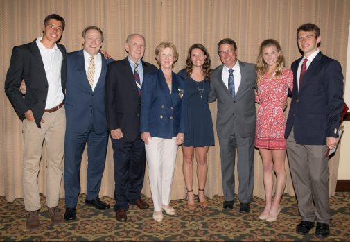 Russell Smelly poses with athletes Joseph Miller, Olivia Wood, Kelly Collins and Jacob Grant. Also pictured: President Gayle D. Beebe, Pete and Gerd Jordano