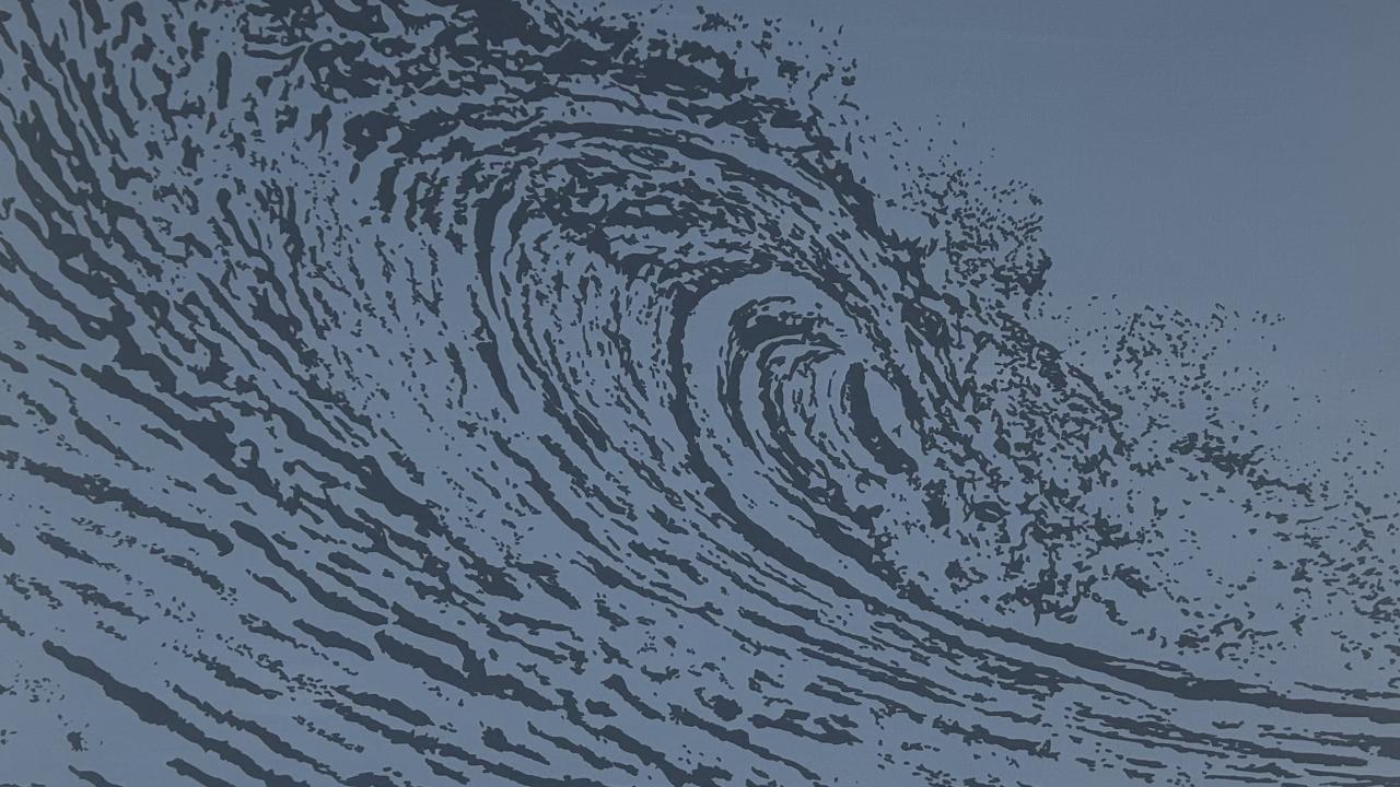 Gray graphic painting of a cresting ocean wave.