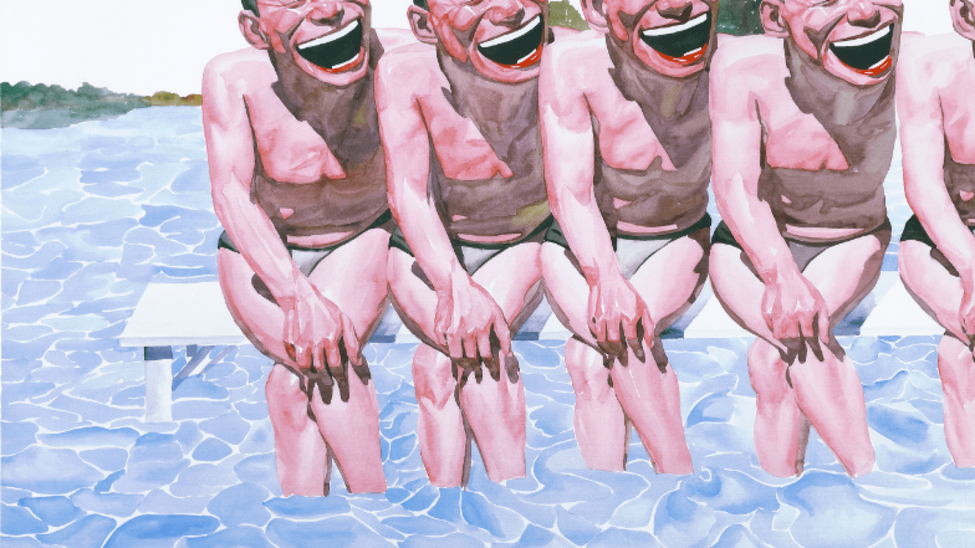 Image of four laughing Chinese men on a diving board.